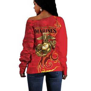 Montford Point Marines Off Shoulder Sweater Flame Fire Military Red Camo