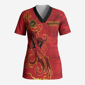 Montford Point Marines Scrub Top Flame Fire Military Red Camo