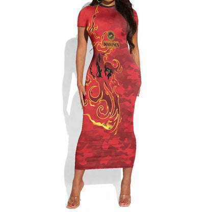 Montford Point Marines Short Sleeve Bodycon Dress Flame Fire Military Red Camo