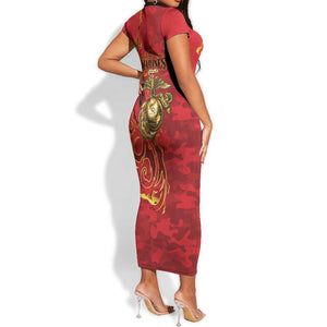 Montford Point Marines Short Sleeve Bodycon Dress Flame Fire Military Red Camo