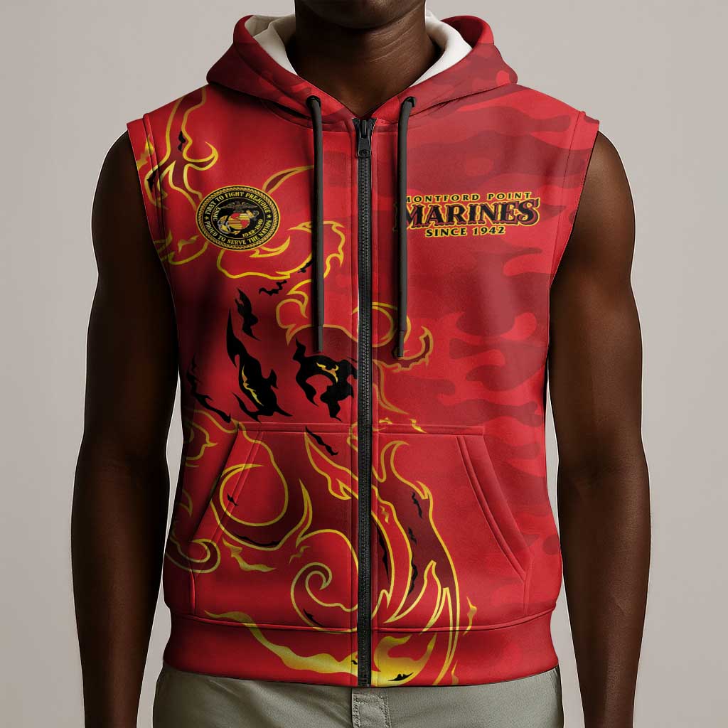 Montford Point Marines Sleeveless Zip Hoodie Flame Fire Military Red Camo