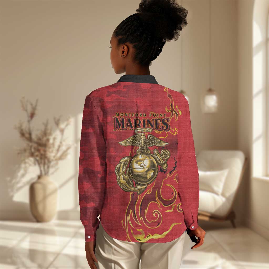 Montford Point Marines Women Casual Shirt Flame Fire Military Red Camo