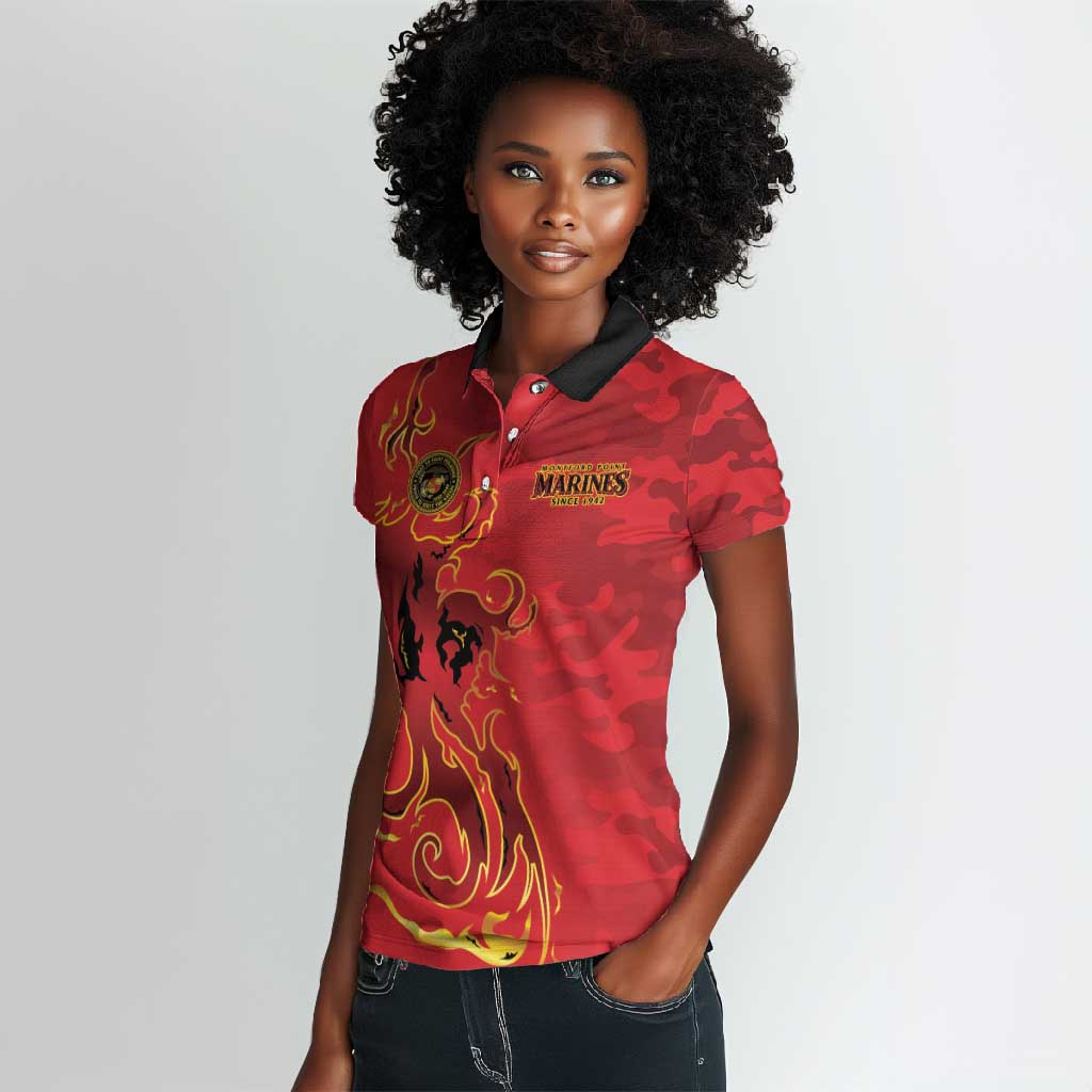 Montford Point Marines Women Polo Shirt Flame Fire Military Red Camo