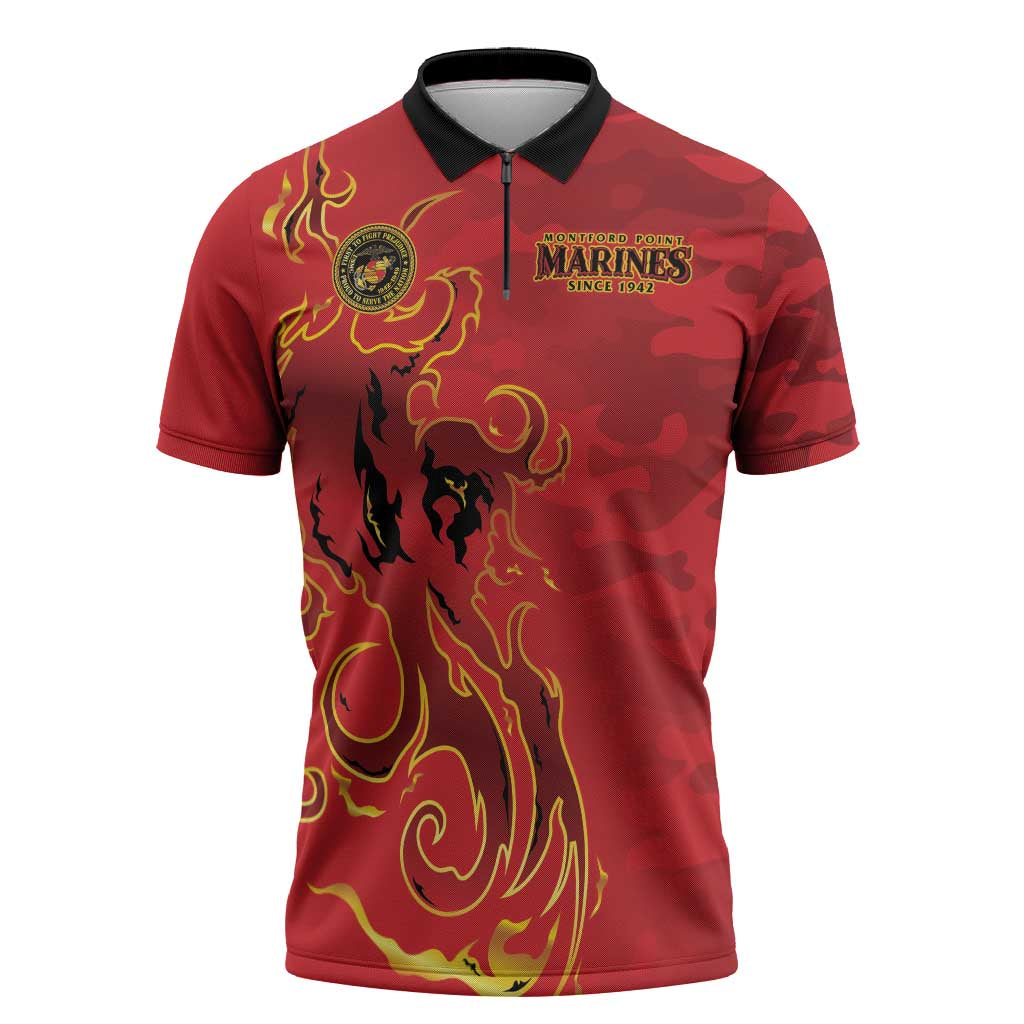 Montford Point Marines Zipper Polo Shirt Flame Fire Military Red Camo