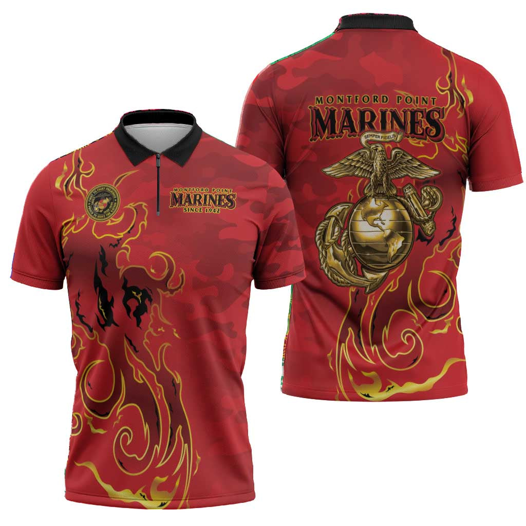 Montford Point Marines Zipper Polo Shirt Flame Fire Military Red Camo
