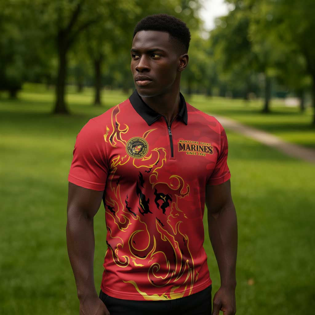 Montford Point Marines Zipper Polo Shirt Flame Fire Military Red Camo