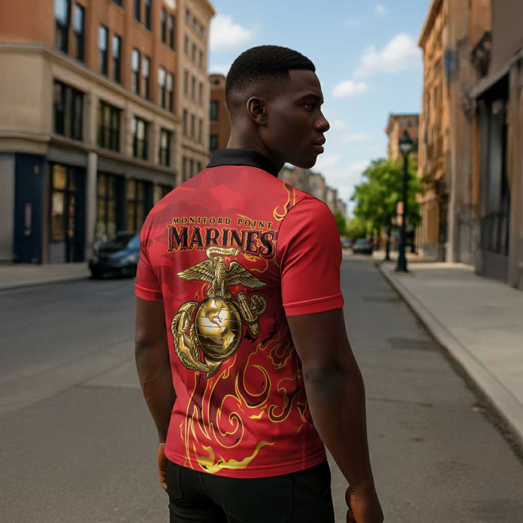 Montford Point Marines Zipper Polo Shirt Flame Fire Military Red Camo