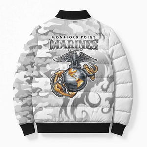 Montford Point Marines Bomber Puffer Jacket Flame Fire Military White Camo