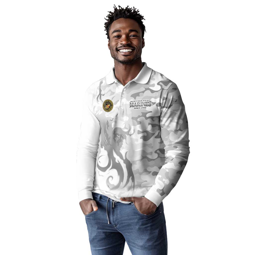 Montford Point Marines Long Sleeve Polo Shirt Flame Fire Military White Camo
