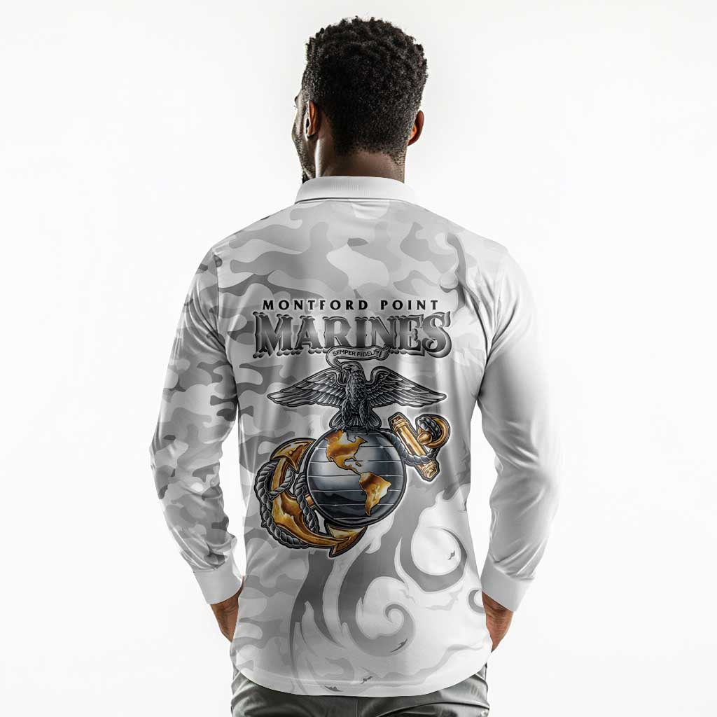 Montford Point Marines Long Sleeve Polo Shirt Flame Fire Military White Camo