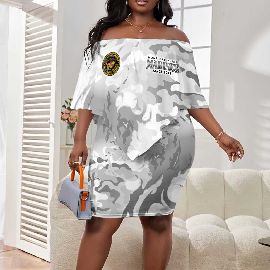 Montford Point Marines Off Shoulder Short Dress Flame Fire Military White Camo