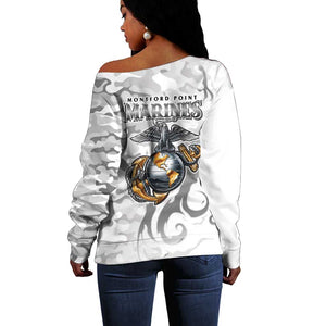 Montford Point Marines Off Shoulder Sweater Flame Fire Military White Camo