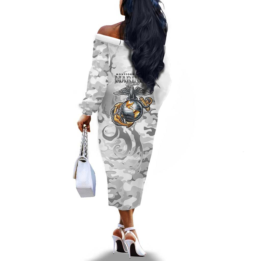 Montford Point Marines Off The Shoulder Long Sleeve Dress Flame Fire Military White Camo