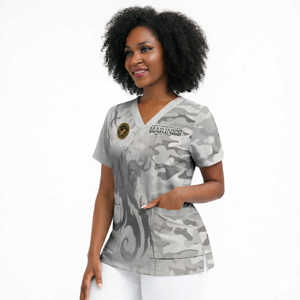 Montford Point Marines Scrub Top Flame Fire Military White Camo