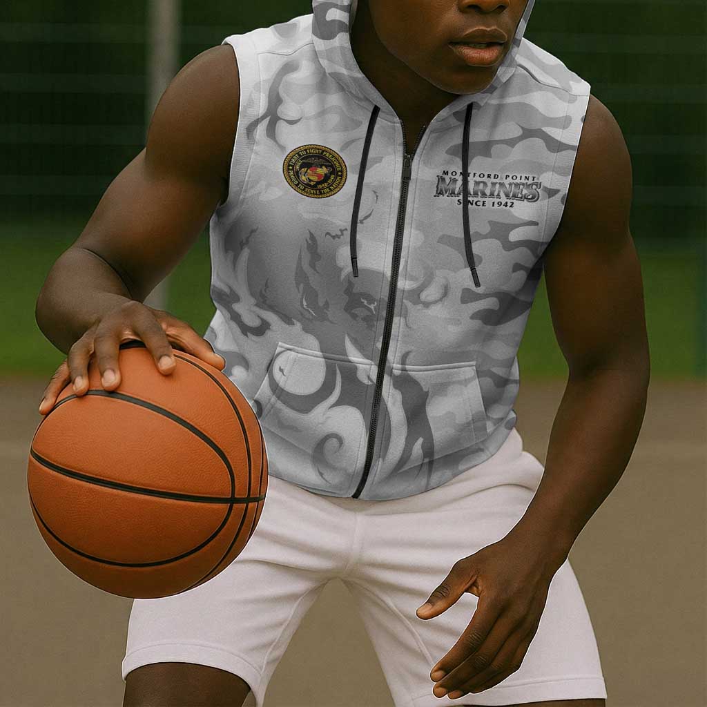 Montford Point Marines Sleeveless Zip Hoodie Flame Fire Military White Camo