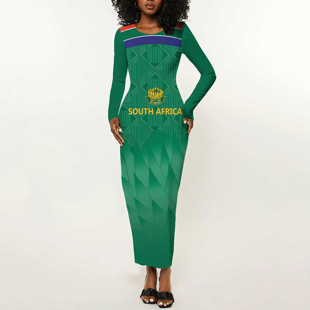 South Africa Cricket Custom Long Sleeve Bodycon Dress African King Proteas Green