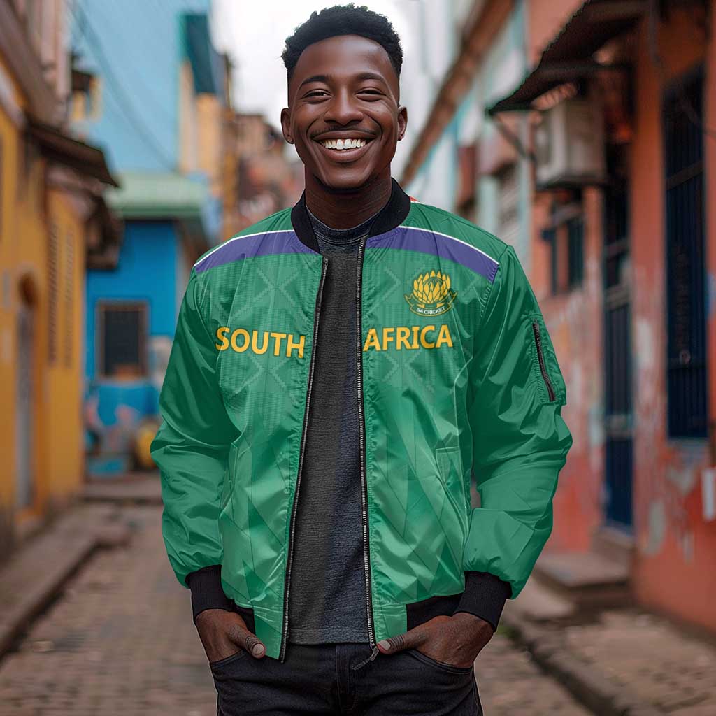 South Africa Cricket Custom Sleeve Zip Bomber Jacket African King Proteas Green