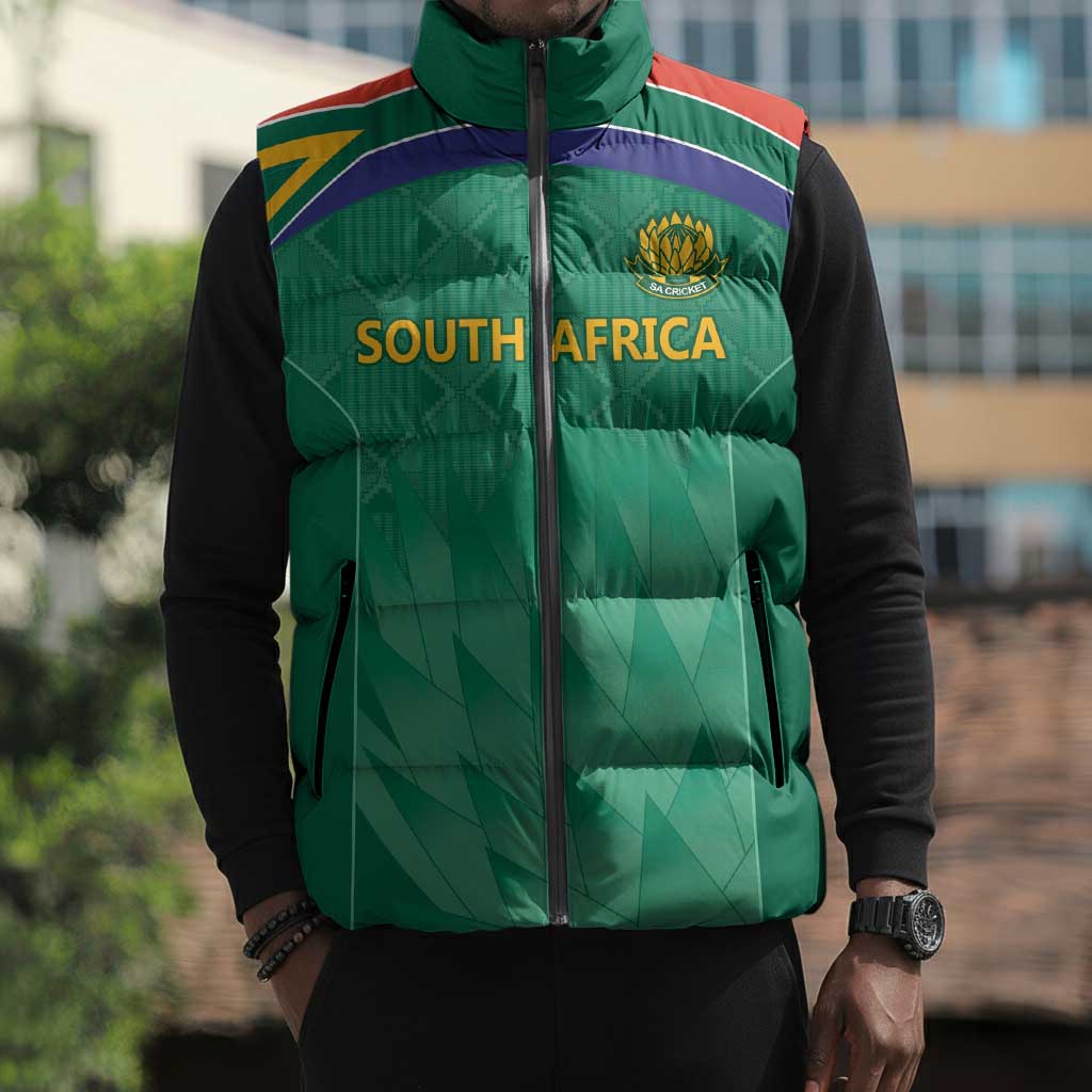 South Africa Cricket Custom Sleeveless Puffer Jacket African King Proteas Green