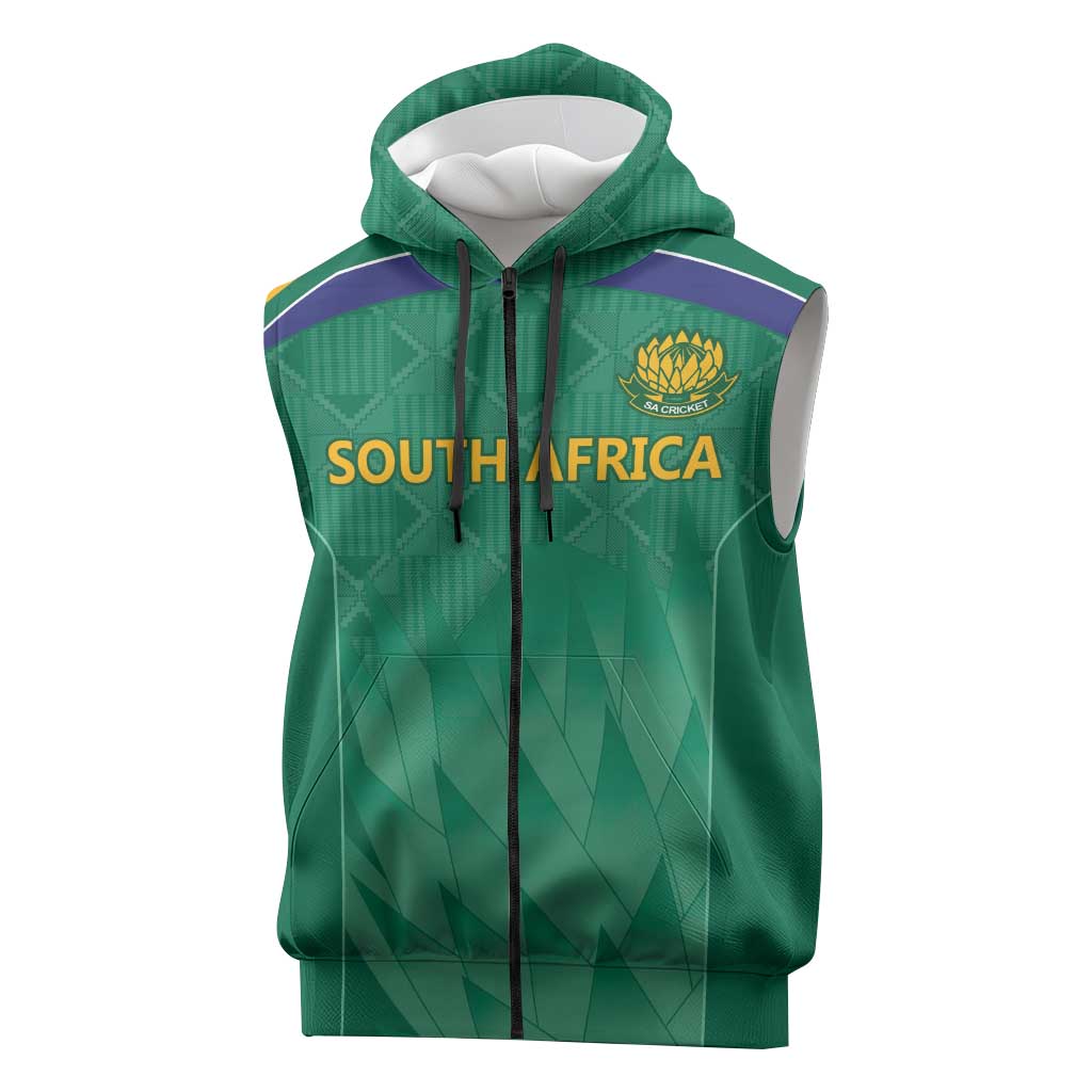 South Africa Cricket Custom Sleeveless Zip Hoodie African King Proteas Green - African Pride