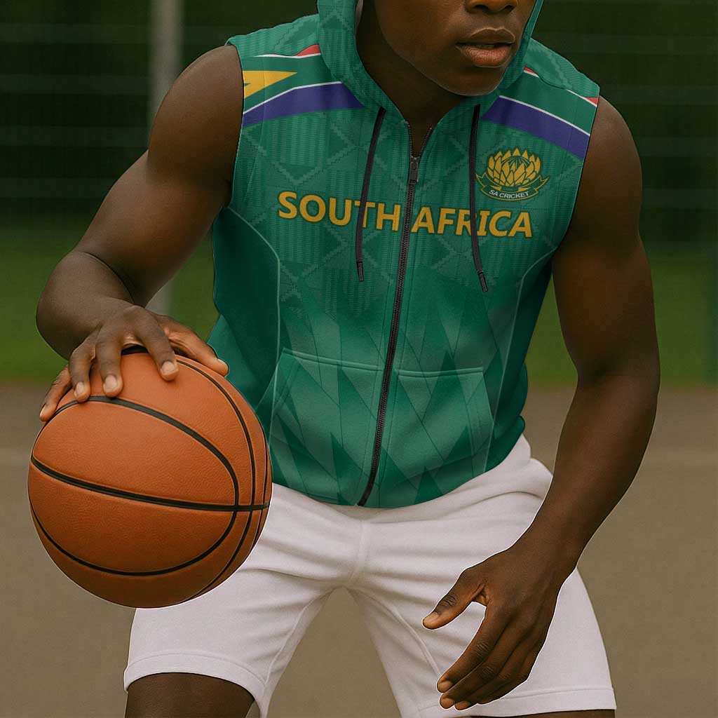 South Africa Cricket Custom Sleeveless Zip Hoodie African King Proteas Green - African Pride