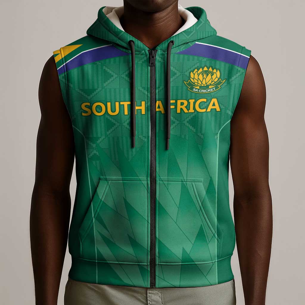 South Africa Cricket Custom Sleeveless Zip Hoodie African King Proteas Green - African Pride
