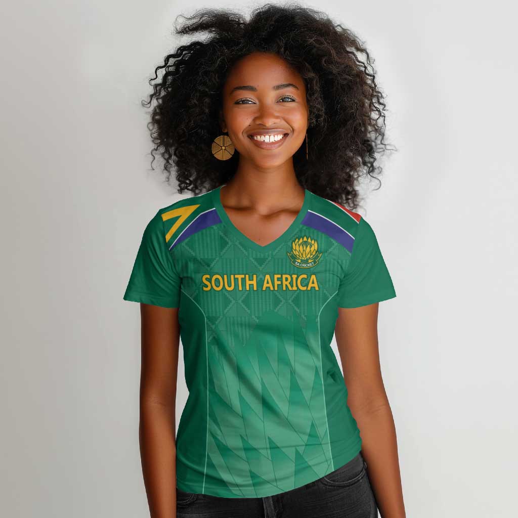 South Africa Cricket Custom Women V-Neck T-Shirt African King Proteas Green