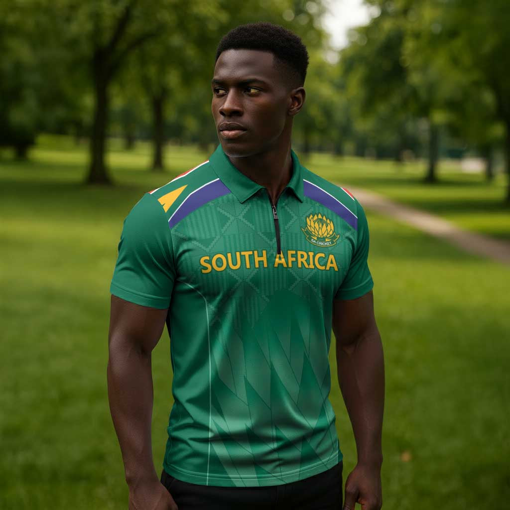 South Africa Cricket Custom Zipper Polo Shirt African King Proteas Green