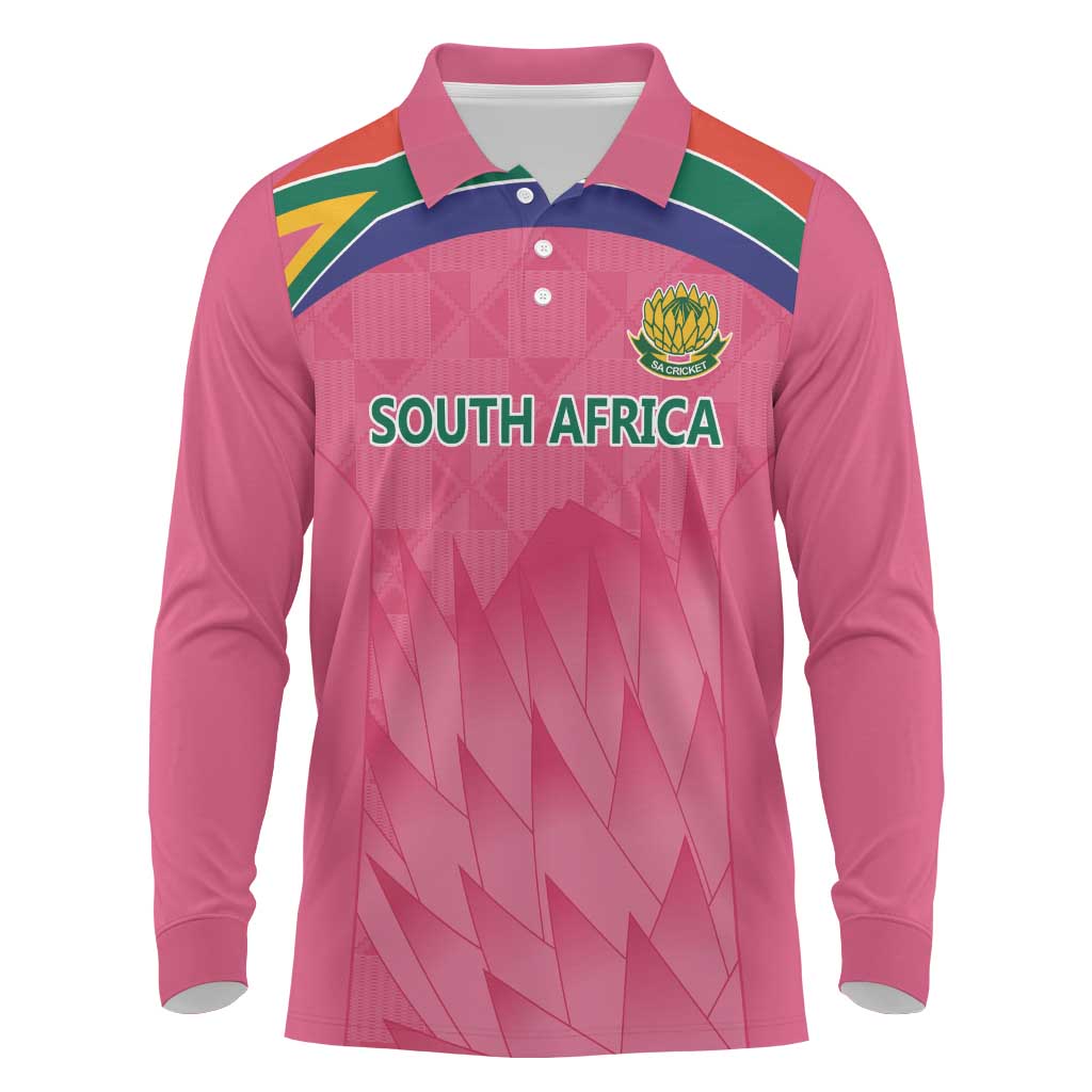 South Africa Cricket Custom Long Sleeve Polo Shirt African King Proteas Pink