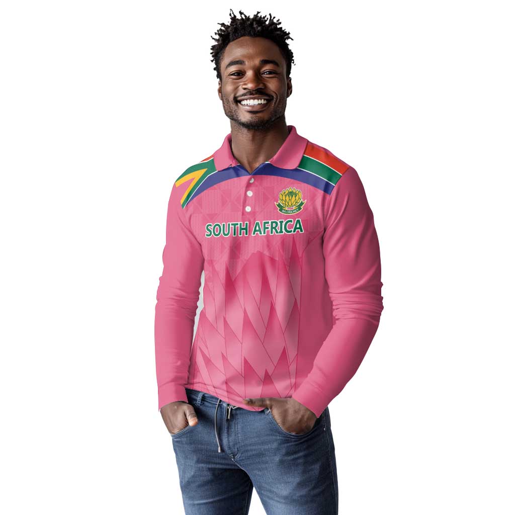South Africa Cricket Custom Long Sleeve Polo Shirt African King Proteas Pink