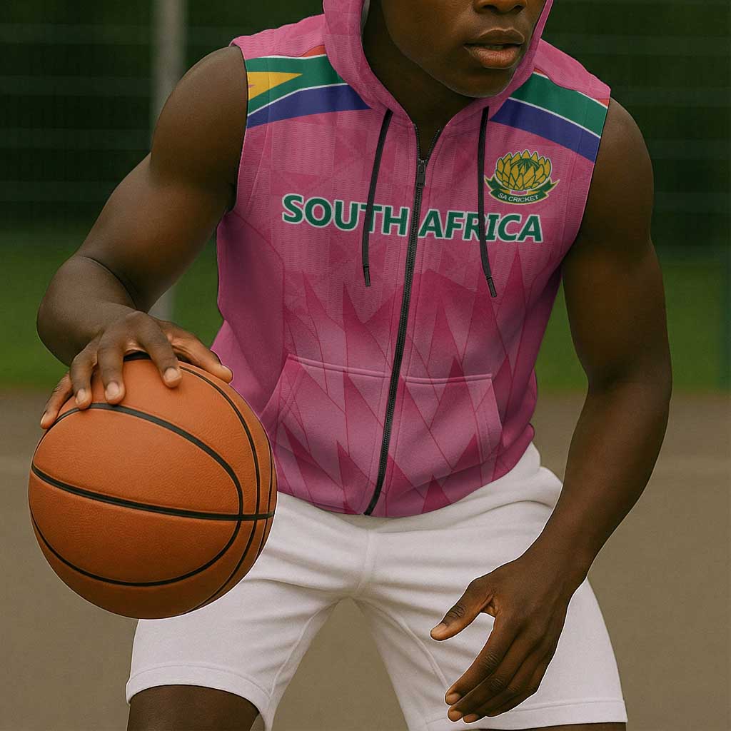 South Africa Cricket Custom Sleeveless Zip Hoodie African King Proteas Pink - African Pride