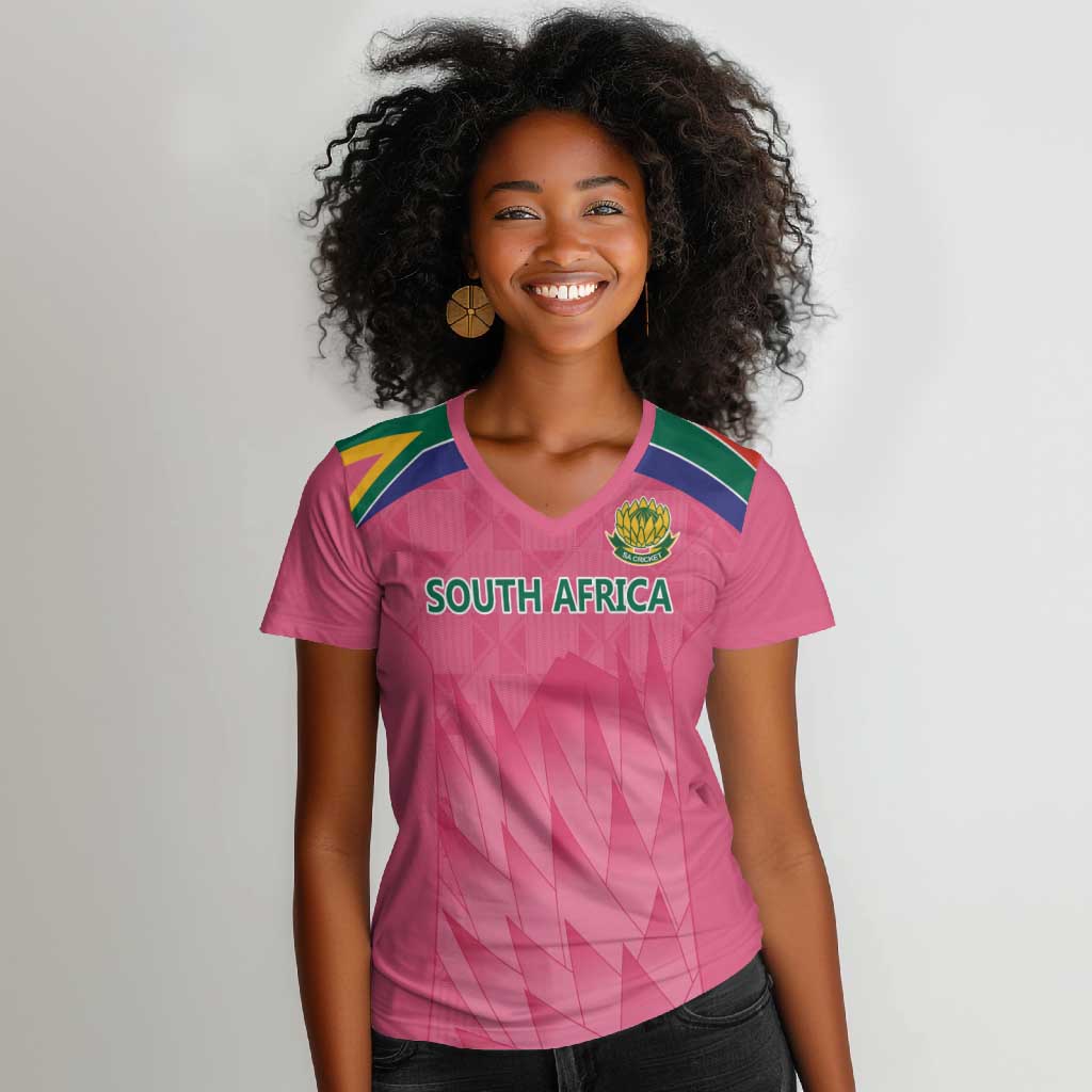 South Africa Cricket Custom Women V-Neck T-Shirt African King Proteas Pink