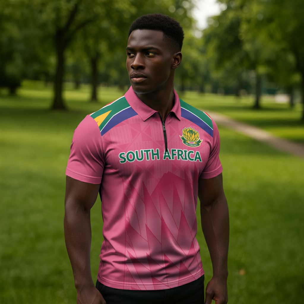 South Africa Cricket Custom Zipper Polo Shirt African King Proteas Pink