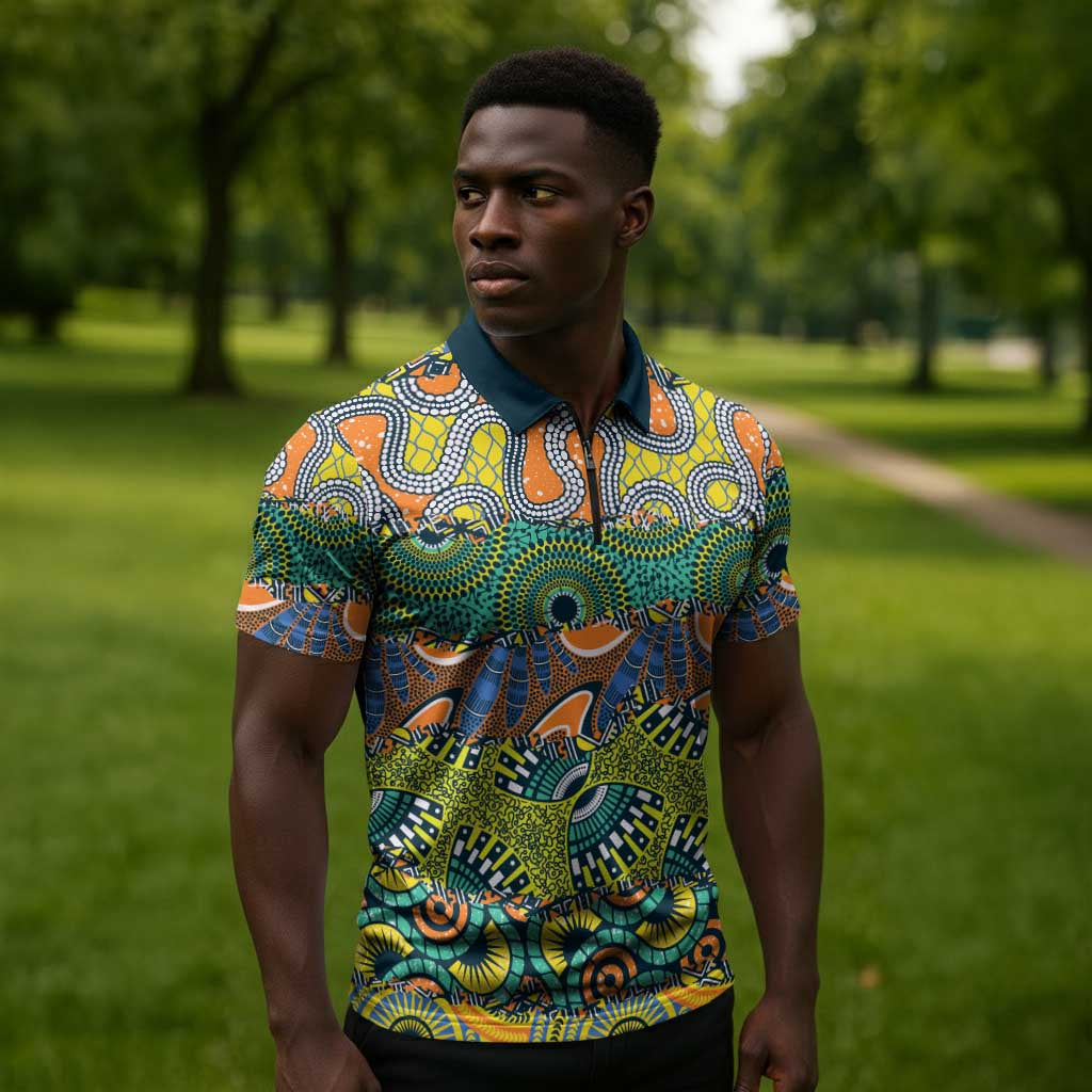 Africa Tribal Mixed Pattern Zipper Polo Shirt