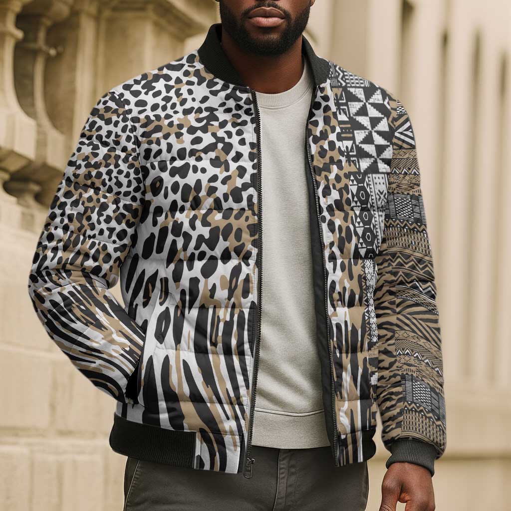 Africa Tribal Pattern Mixed Leopard Skin Bomber Puffer Jacket