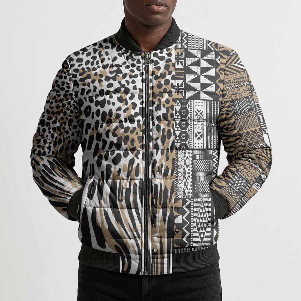 Africa Tribal Pattern Mixed Leopard Skin Bomber Puffer Jacket