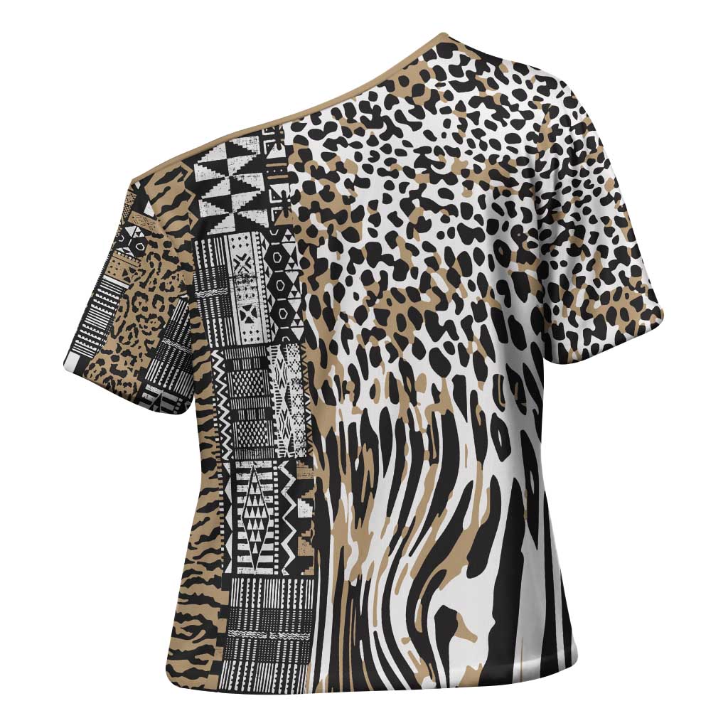 Africa Tribal Pattern Mixed Leopard Skin Cross Shoulder Shirt