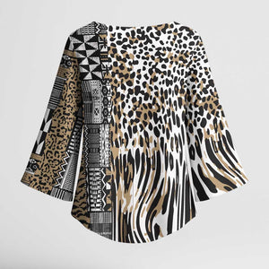 Africa Tribal Pattern Mixed Leopard Skin Kimono Sleeve Blouse