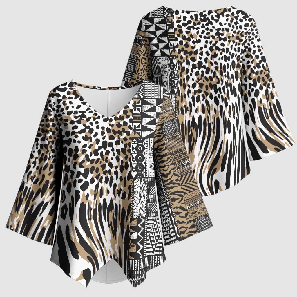 Africa Tribal Pattern Mixed Leopard Skin Kimono Sleeve Blouse