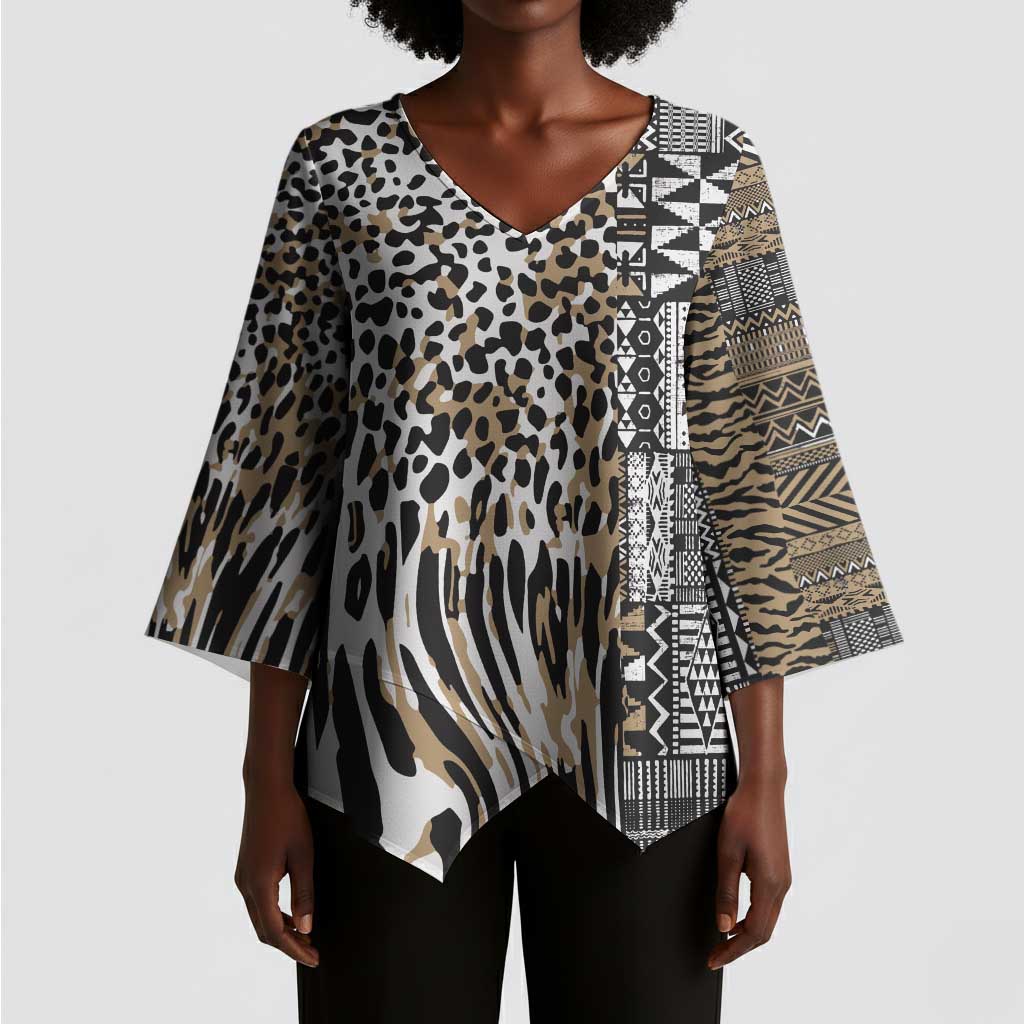 Africa Tribal Pattern Mixed Leopard Skin Kimono Sleeve Blouse