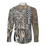 Africa Tribal Pattern Mixed Leopard Skin Long Sleeve Button Shirt - African Pride