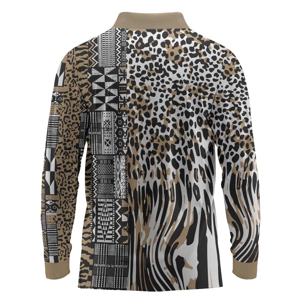 Africa Tribal Pattern Mixed Leopard Skin Long Sleeve Polo Shirt - African Pride