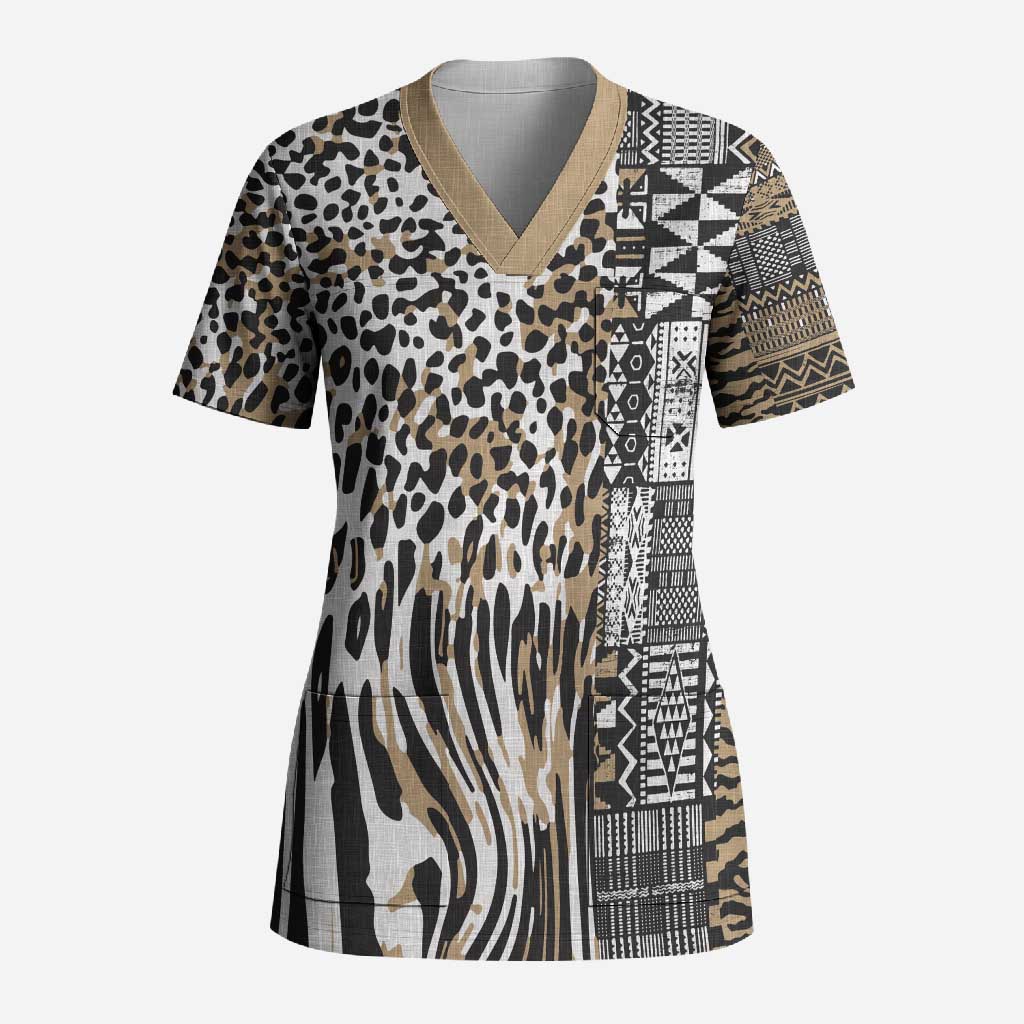 Africa Tribal Pattern Mixed Leopard Skin Scrub Top