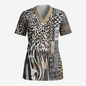 Africa Tribal Pattern Mixed Leopard Skin Scrub Top
