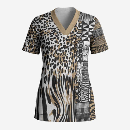 Africa Tribal Pattern Mixed Leopard Skin Scrub Top