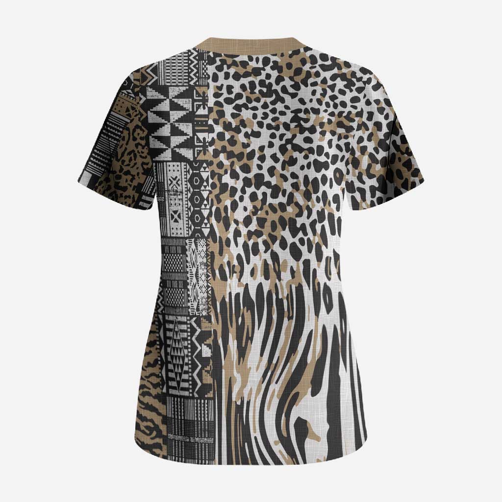 Africa Tribal Pattern Mixed Leopard Skin Scrub Top