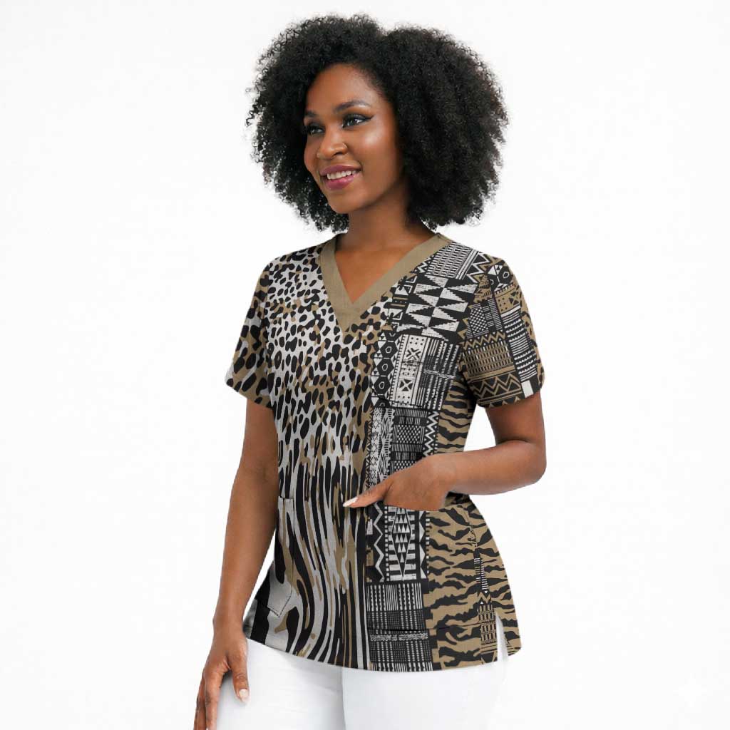 Africa Tribal Pattern Mixed Leopard Skin Scrub Top