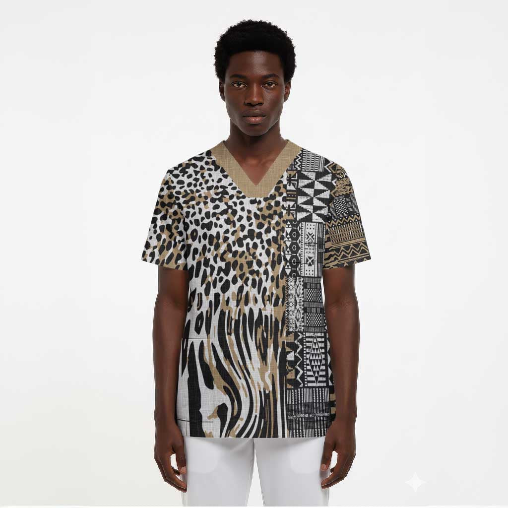 Africa Tribal Pattern Mixed Leopard Skin Scrub Top