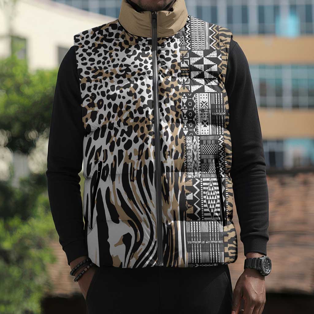 Africa Tribal Pattern Mixed Leopard Skin Sleeveless Puffer Jacket
