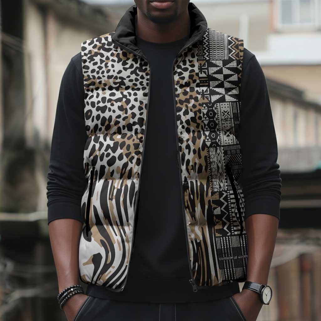 Africa Tribal Pattern Mixed Leopard Skin Sleeveless Puffer Jacket