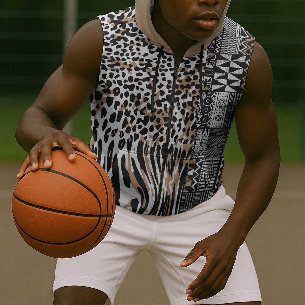 Africa Tribal Pattern Mixed Leopard Skin Sleeveless Zip Hoodie - African Pride